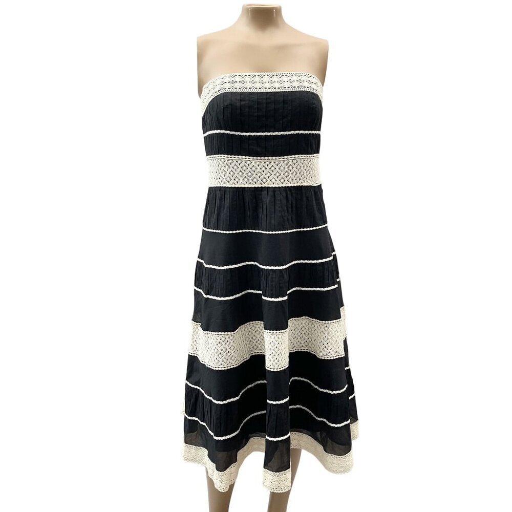 Vintage 1993 Ann Taylor Striped Black White Strapless Lace Trim Midi Dress‎ Sz 2
